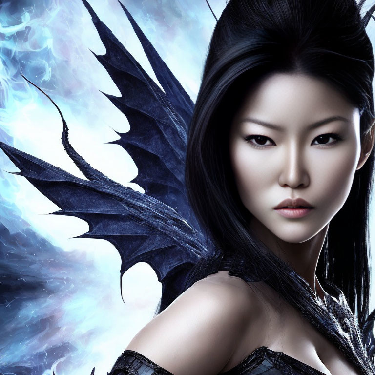 Digital artwork of Asian woman with dark hair and intense eyes, featuring black dragon-like wings.