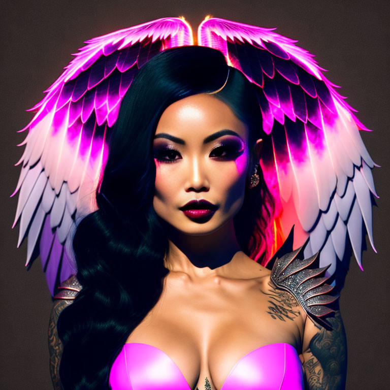 Woman with Striking Makeup and Tattoos, Pink and White Wings on Dark Background