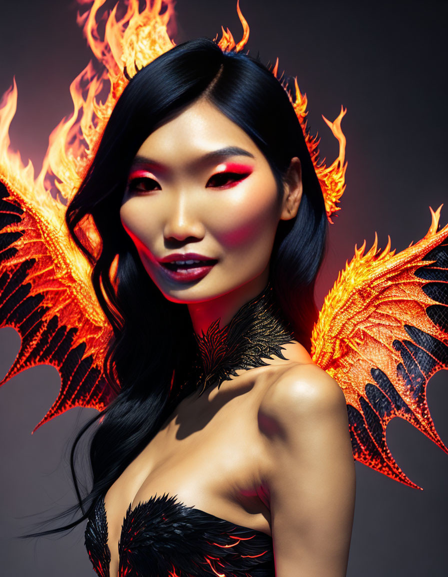 Fantasy Figure with Black Hair and Fiery Wings