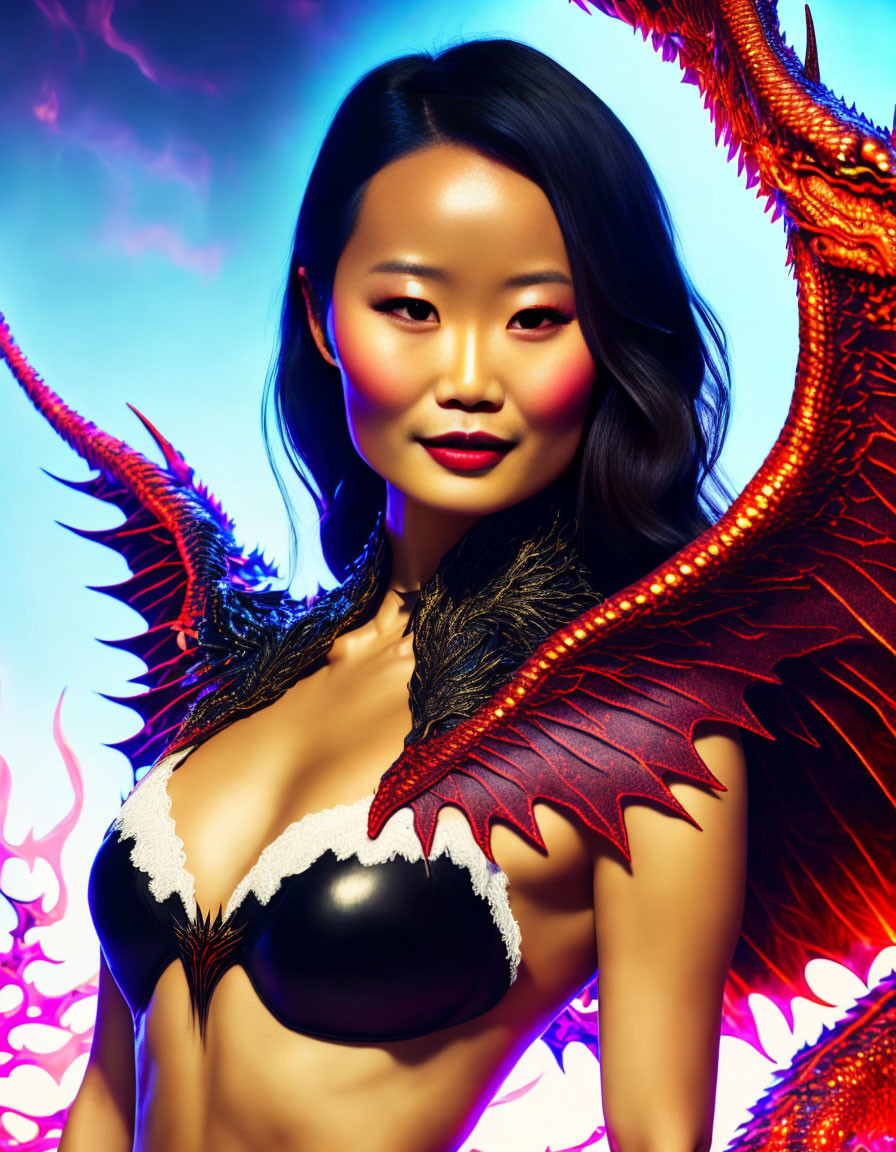 Fantasy Portrait of Confident Woman with Dragon Wings