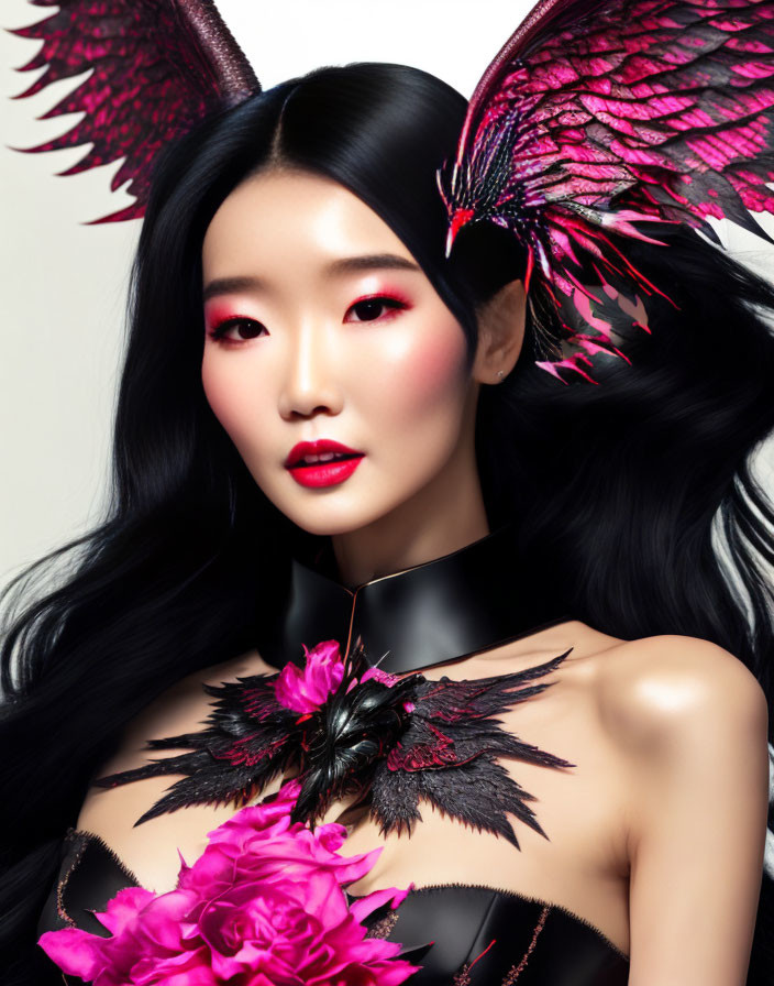 Striking makeup and dark wings woman with pink accents poses artistically