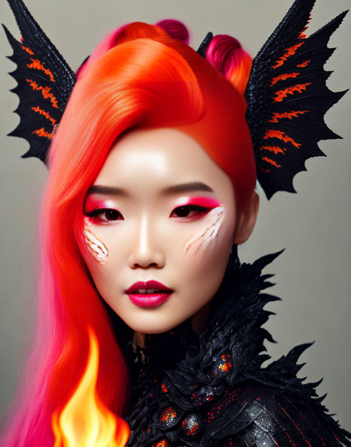 Fantasy-inspired woman with red-orange hair, dragon-scale armor, and black wings.