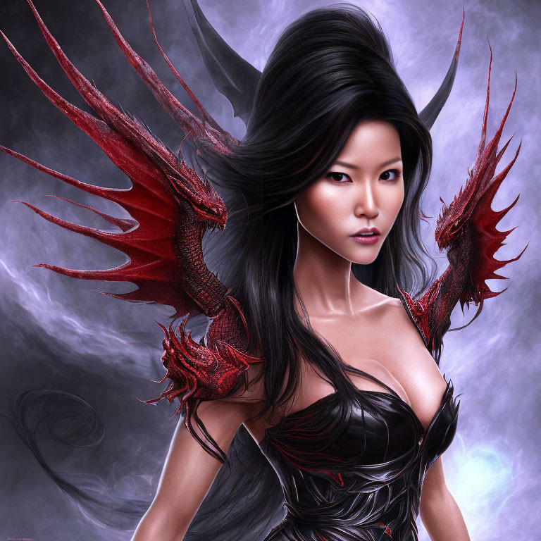 Dark-haired woman in black armor with red dragon wings and gauntlets on purple background