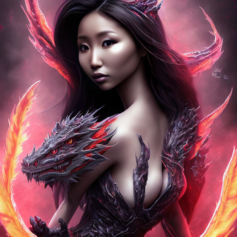 Digital artwork of woman in dragon-themed armor holding a dragon