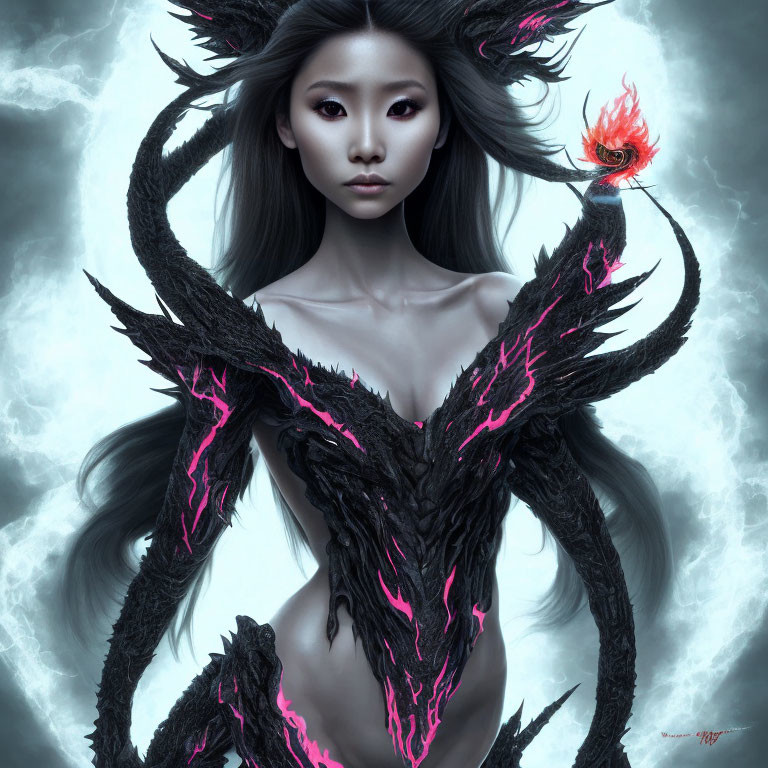 Fantastical female figure with dark horns and magenta accents in misty backdrop