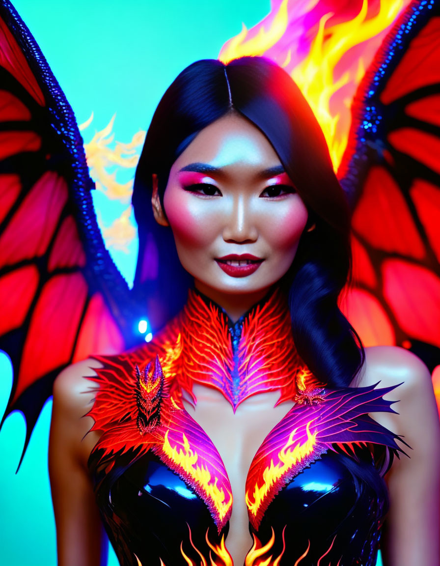 Figure with Red and Black Flame-Like Wings and Outfit