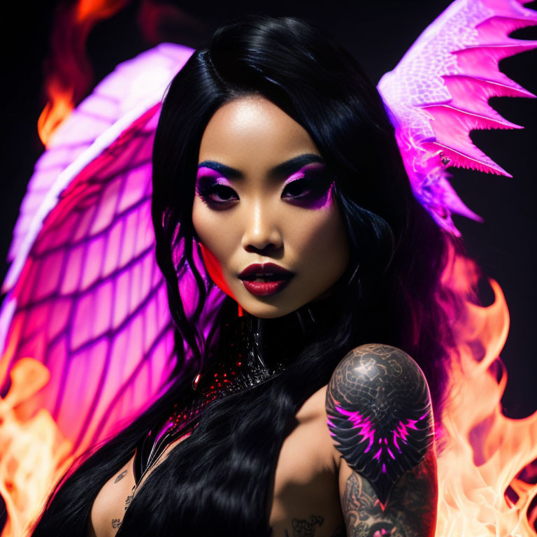 Woman with Striking Makeup and Tattoos in Mystical Setting