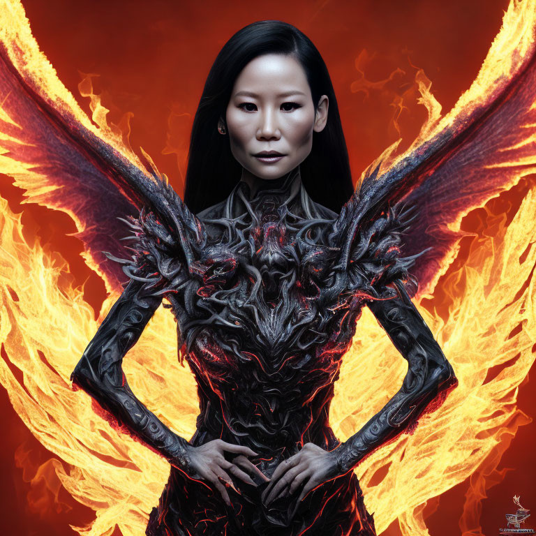 Dark-haired woman in black armor with fiery wings on red background