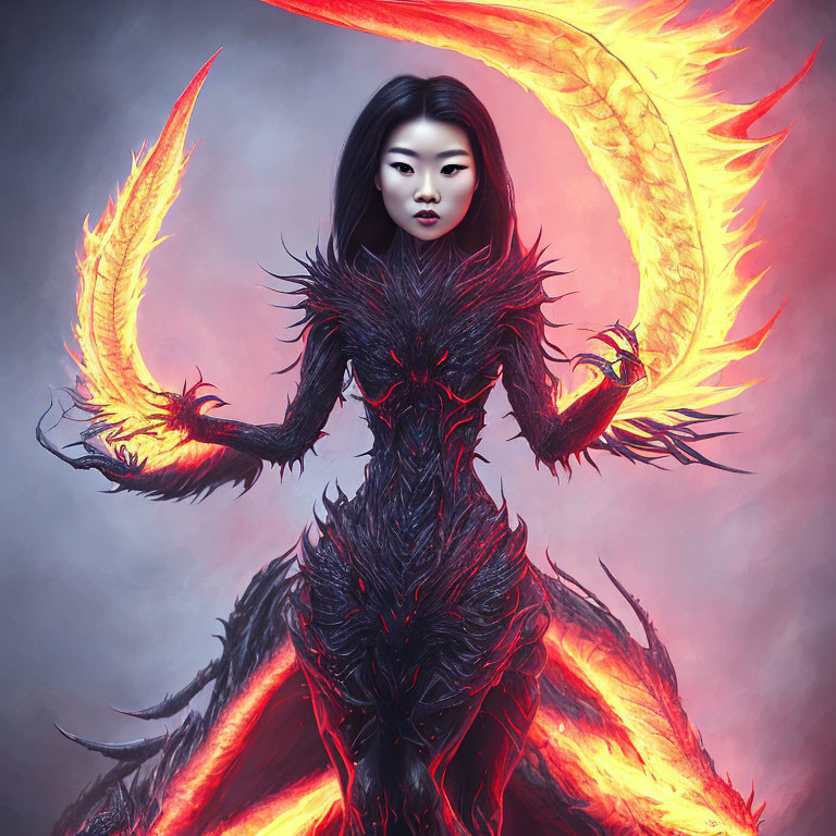 Digital artwork: Mythical female figure with fiery wings and armor against red-grey backdrop