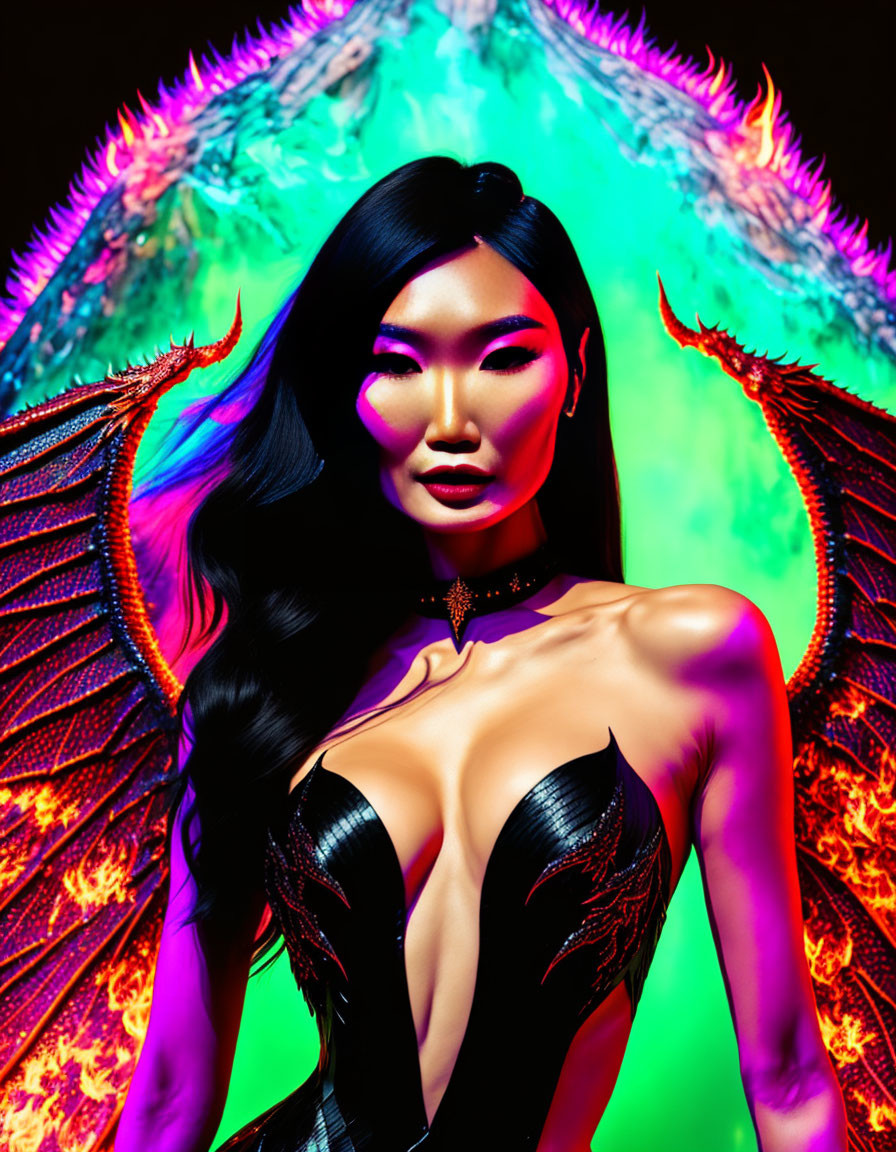 Striking figure with dragon wings and vibrant background