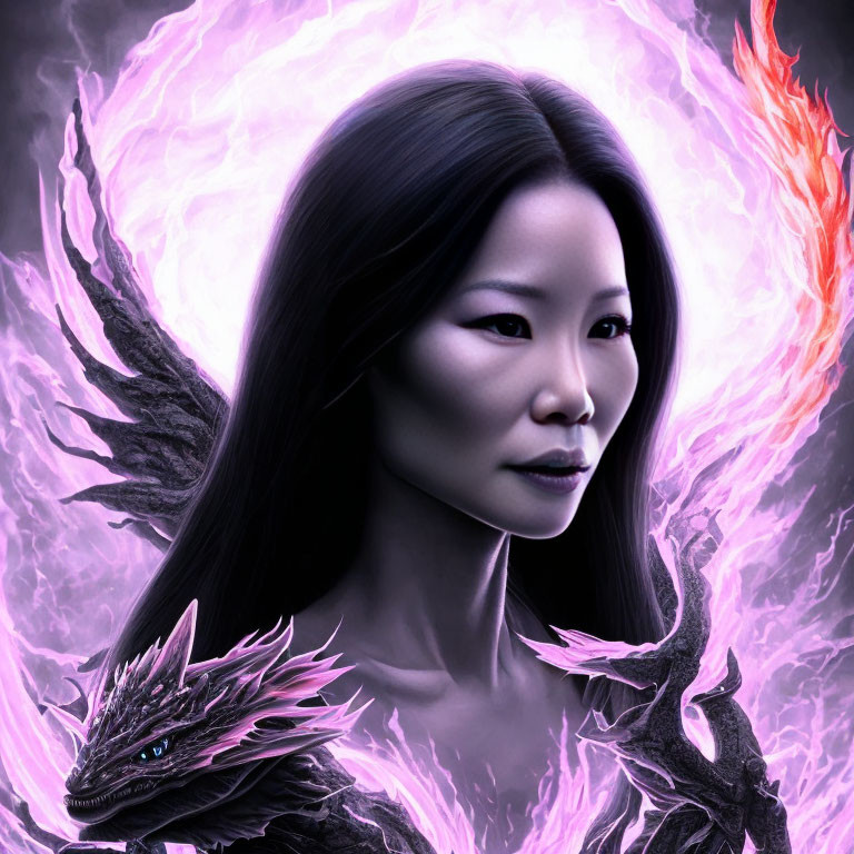 Digital artwork: Woman with dragon-like features in purple flames with dragon companion