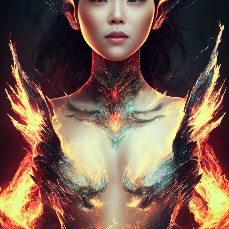 Digital artwork: Woman with flaming wings in mystical aura