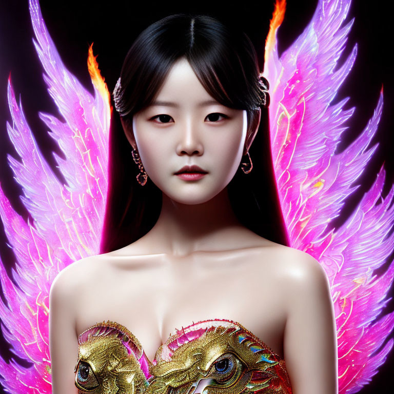 Dark-haired woman with fiery wings and dragon garment on black background