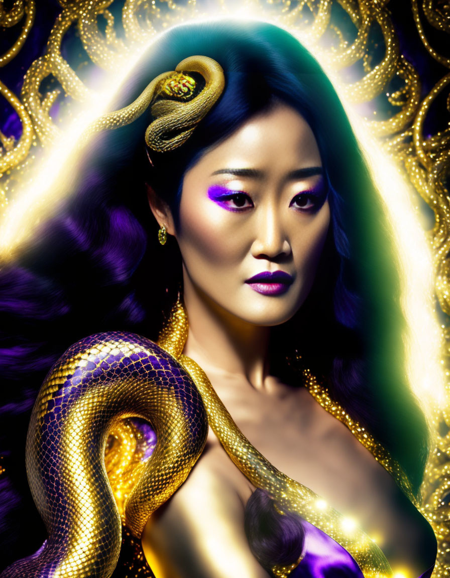 Woman with Striking Makeup and Gold Snake in Hair on Ornate Golden Mandala Background