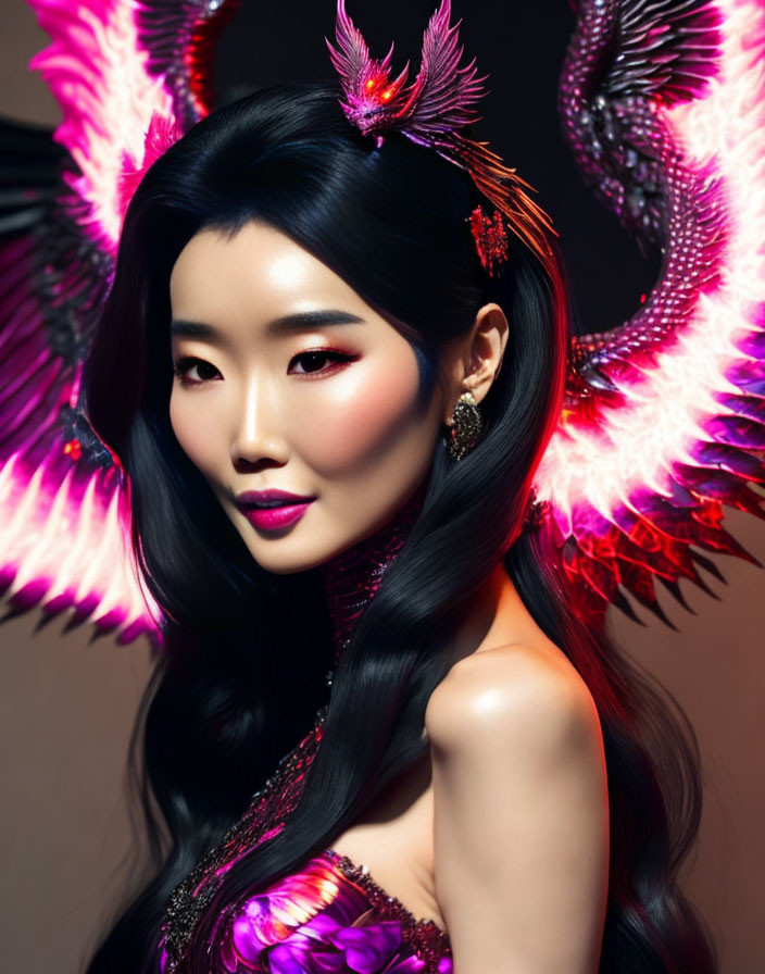 Dark-haired woman with vibrant pink makeup and ornate feathered accessories.