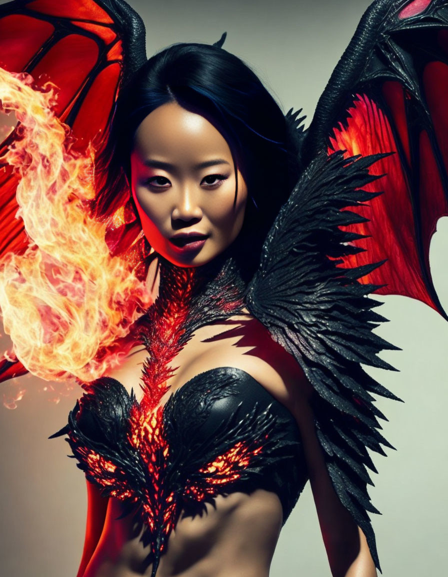 Dramatic Figure with Dragon Wings and Fiery Outfit