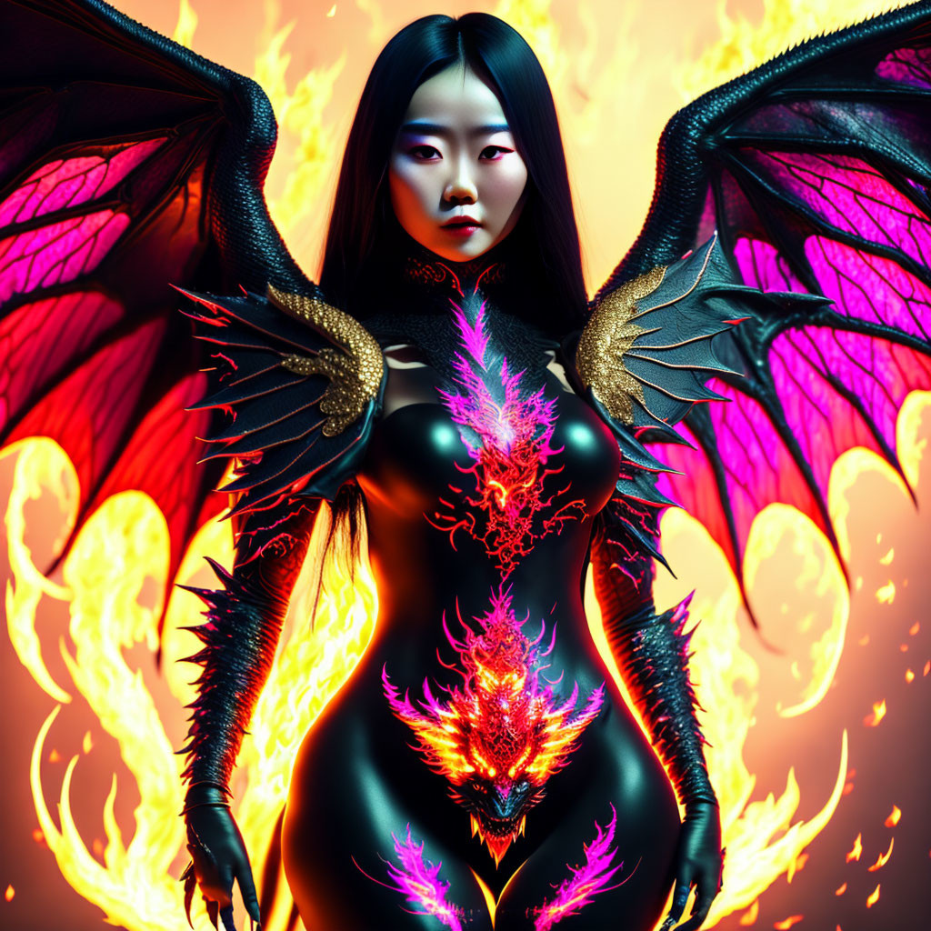 Digital artwork of a woman with dragon wings and fiery effects in ornate bodysuit