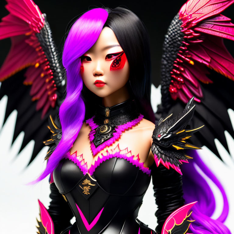 Vibrant Purple Hair Female Character in Ornate Black Armor