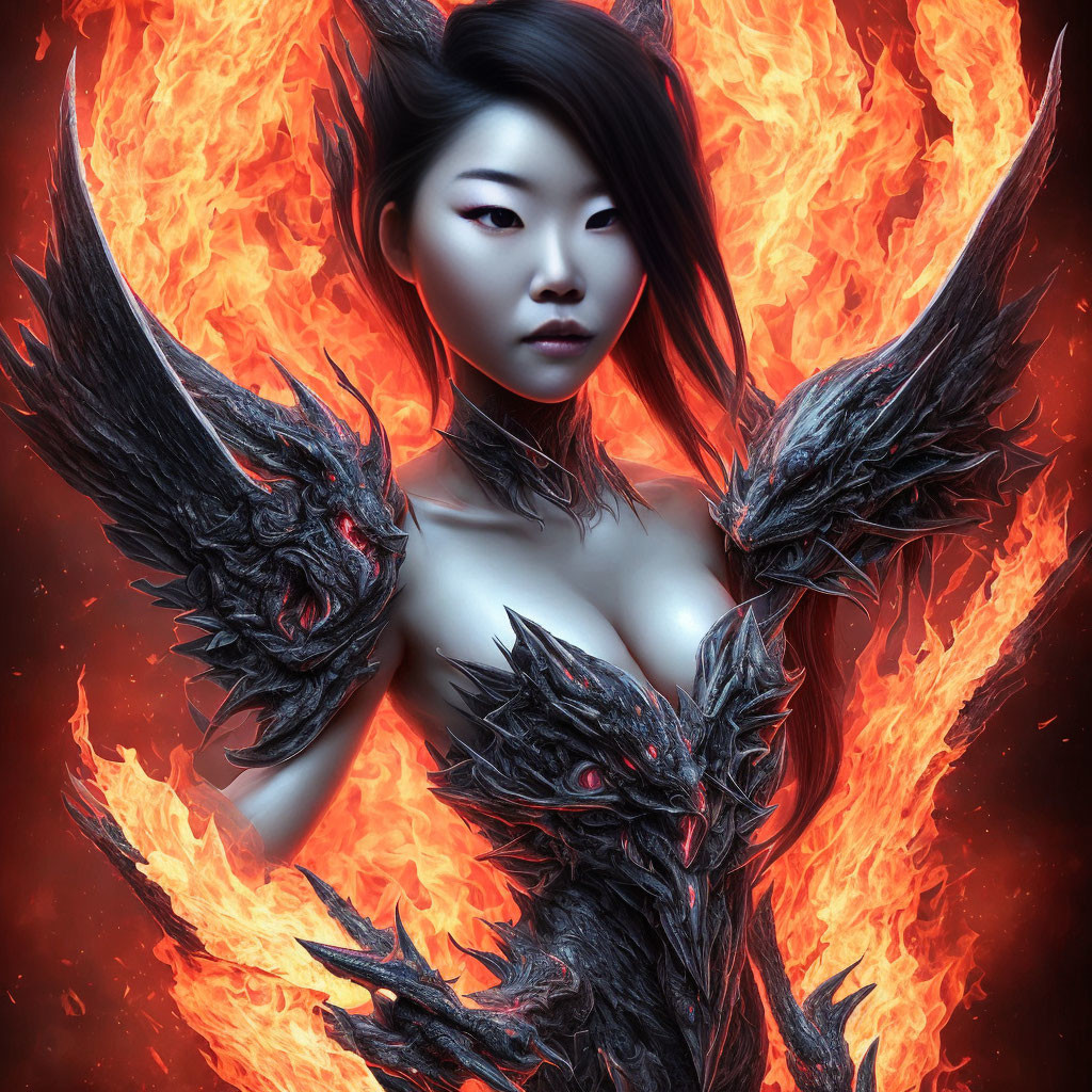 Digital artwork of woman with Asian features engulfed in flames with dark phoenix wings.