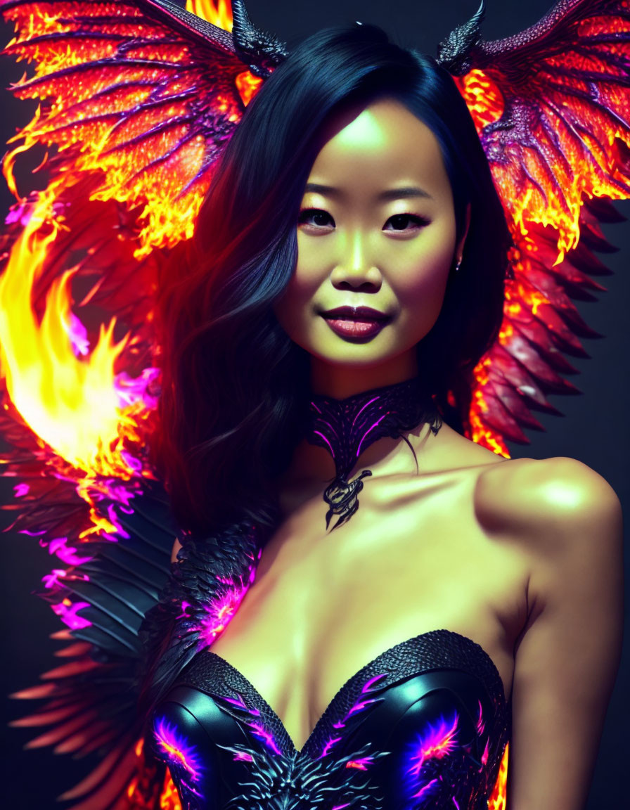 Confident Figure with Fiery Wings in Black Outfit