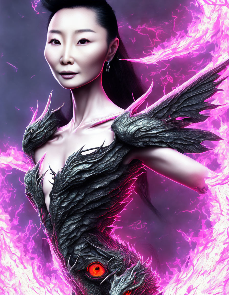 Woman in Dragon-Themed Armor on Vibrant Purple Background