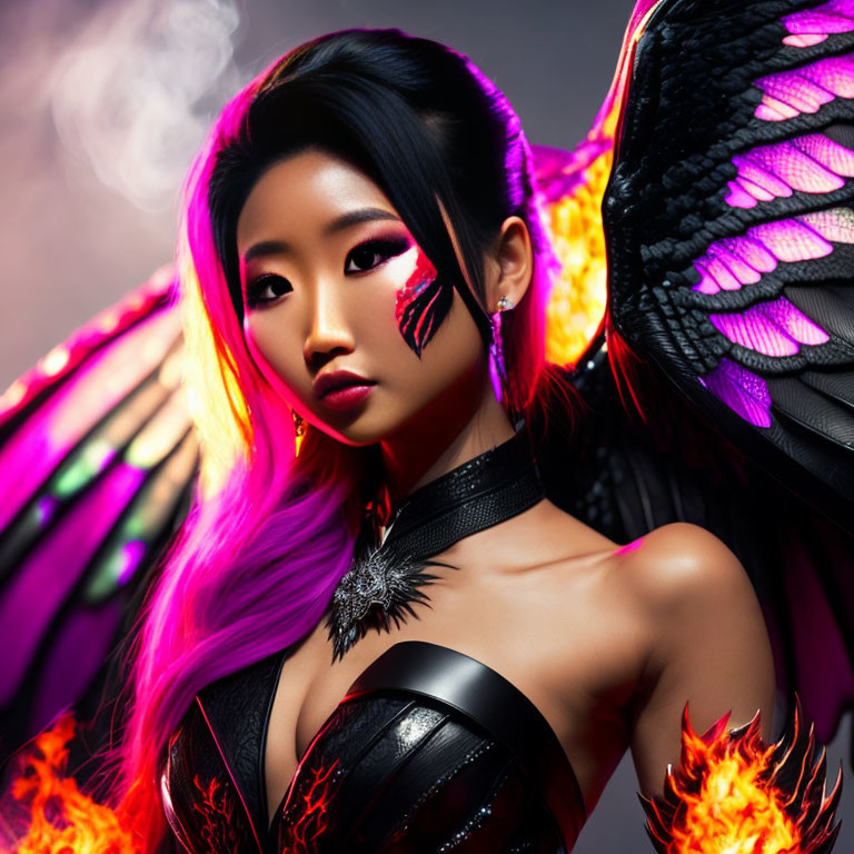 Vibrant magenta hair woman with purple butterfly wings in black attire against smoky backdrop