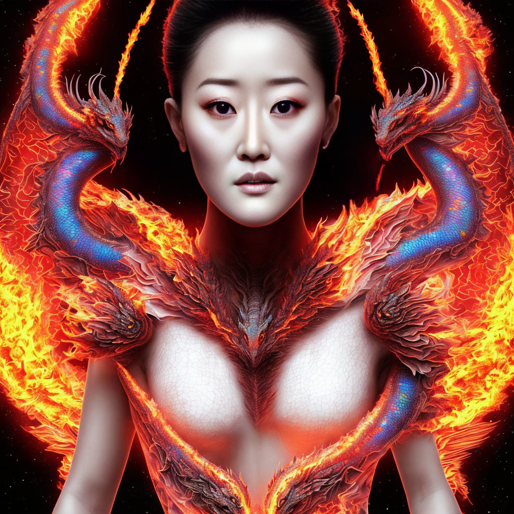 Symmetrical design of woman with fiery dragon-like figures