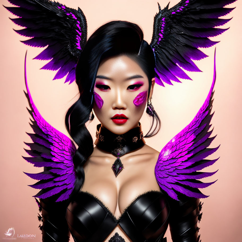 Woman with Striking Makeup and Purple Fantasy Wings