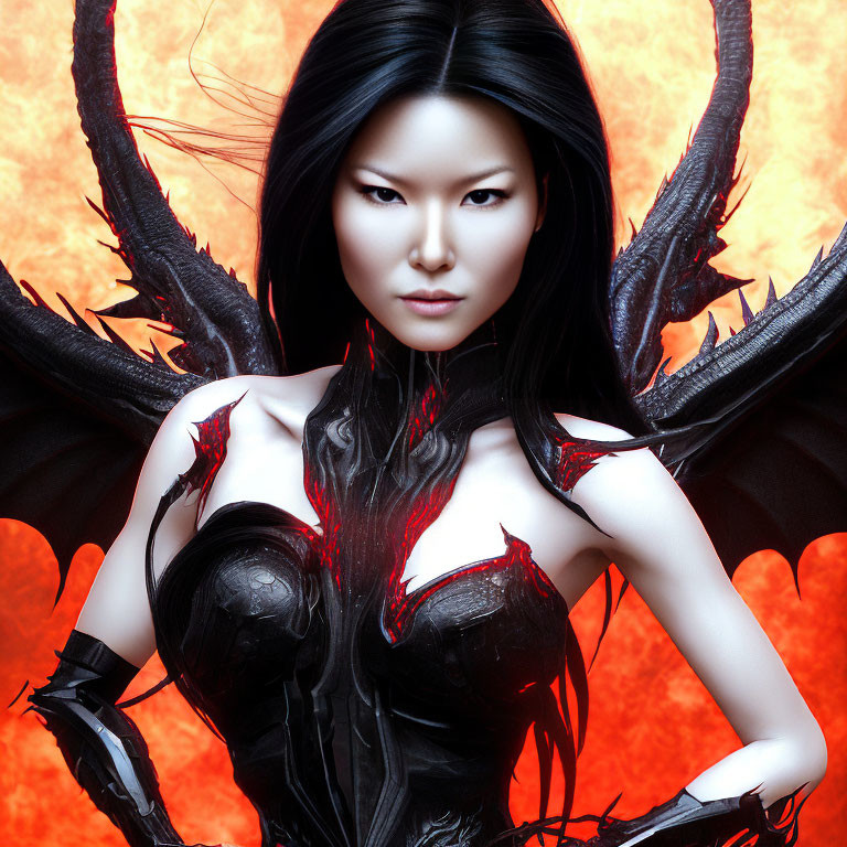 Illustrated female character with long black hair, dark winged armor, and black wings on fiery red