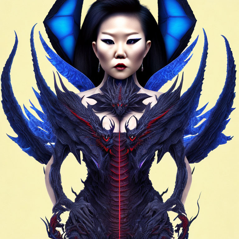 Digital Artwork: Person in Dark Fantasy Costume with Blue Wings and Feather Details