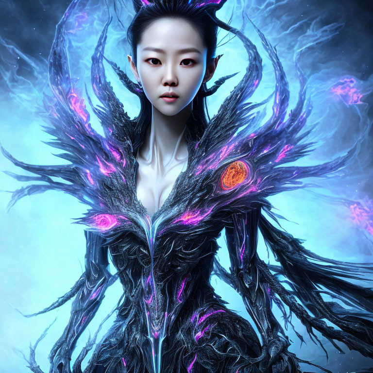 Ethereal woman in dark armor with glowing purple accents