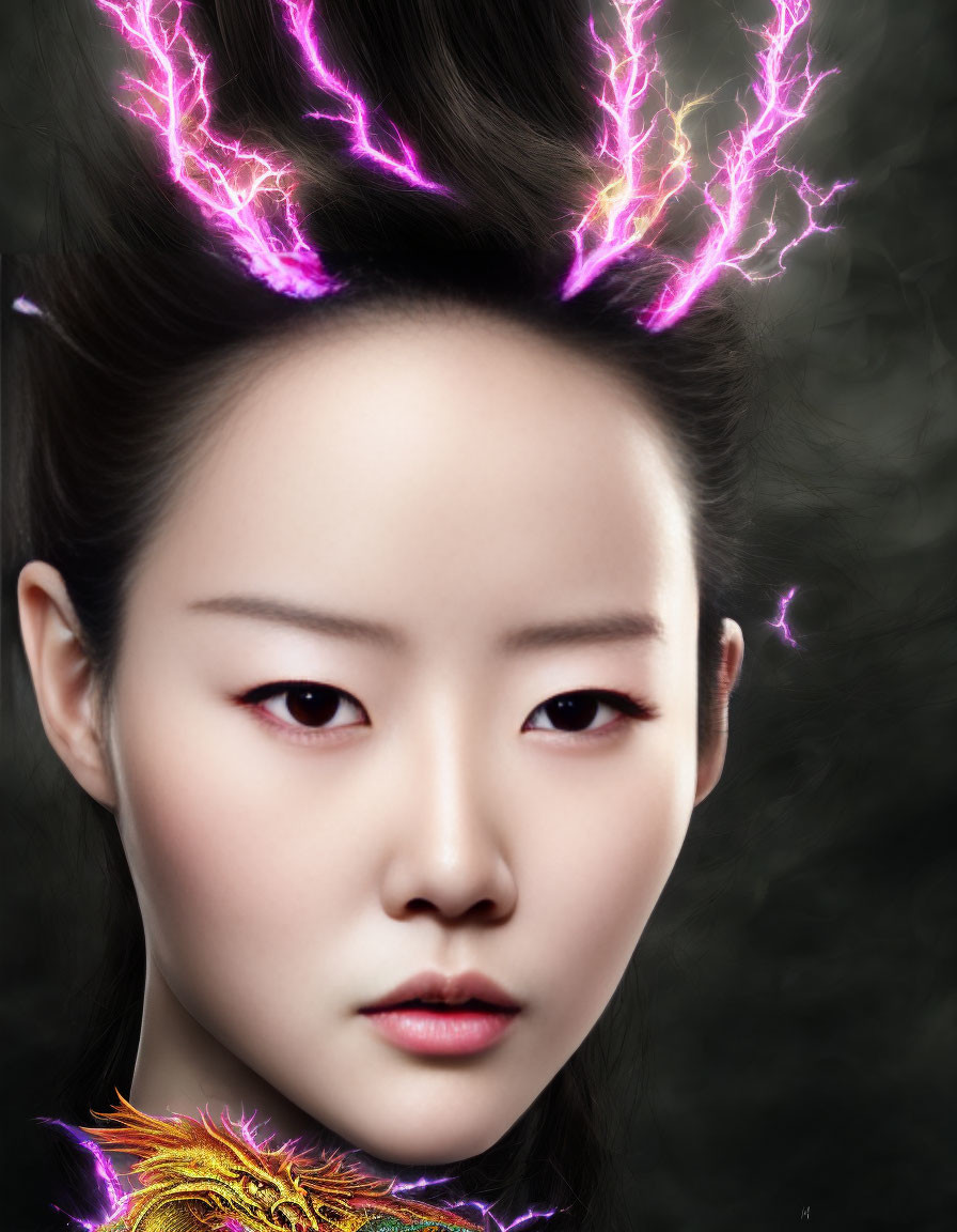 Digital portrait: Woman with purple streaks, red eyes, dragon-themed attire