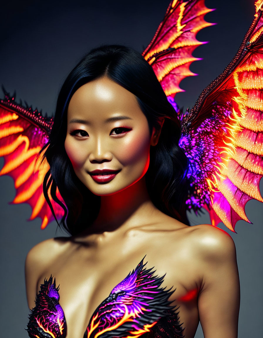 Dark background woman with digital wings and fiery feather body art.