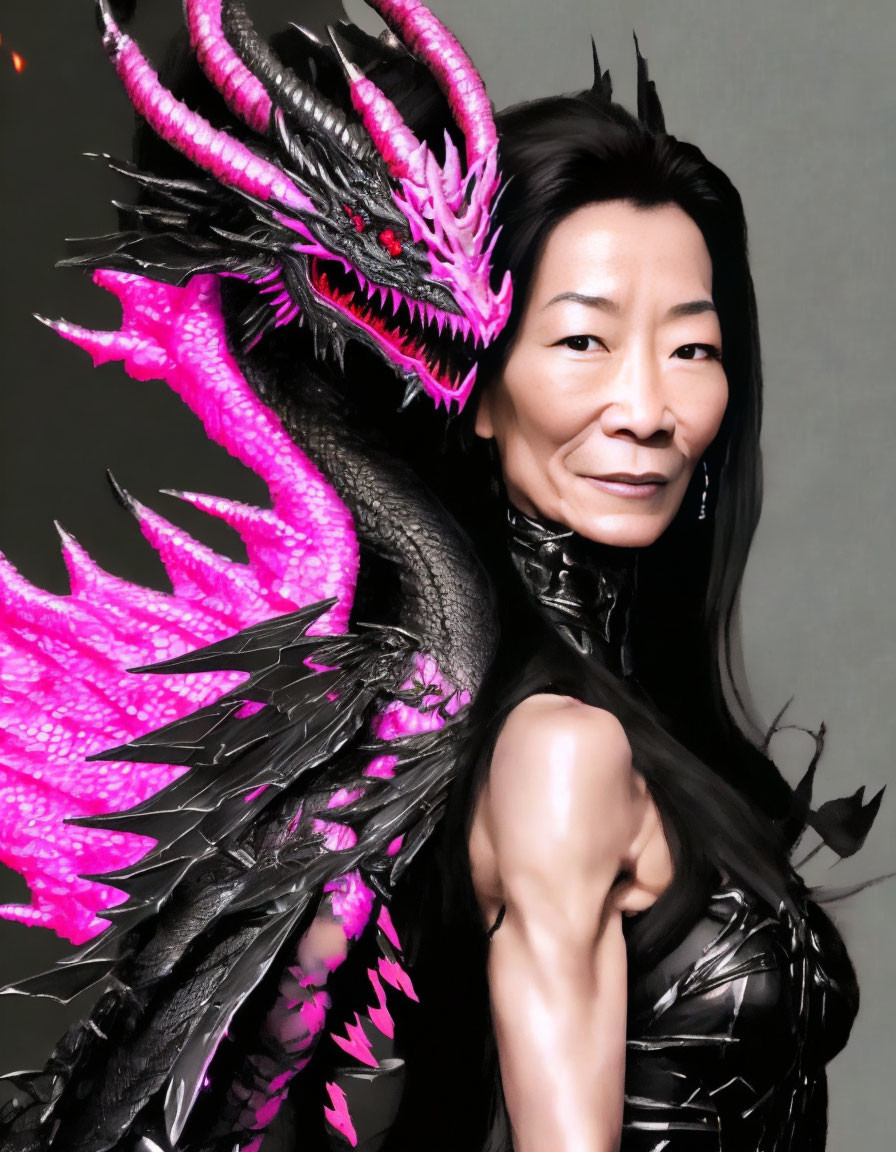 Confident woman in black outfit with pink and black dragon on shoulder