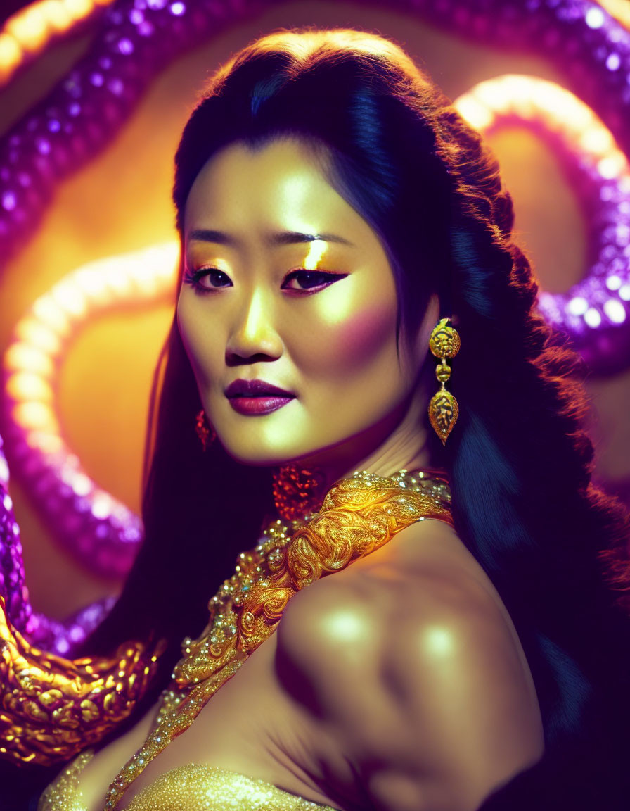 Striking makeup and gold jewelry on confident woman against purple backdrop