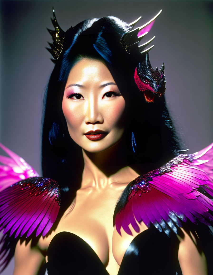 Dark-haired woman with spiked accents and purple feathered wings