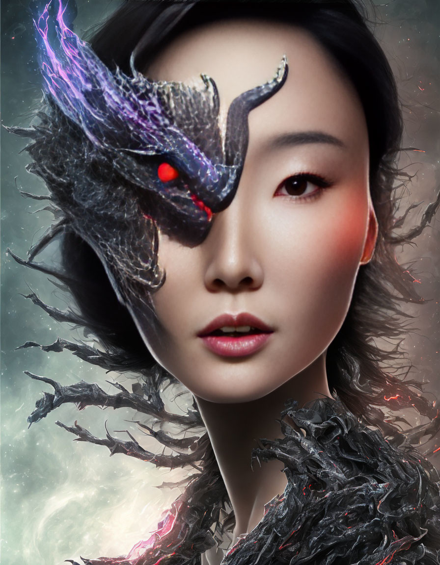 Woman's Face Partially Covered by Dark Dragon-Like Structure