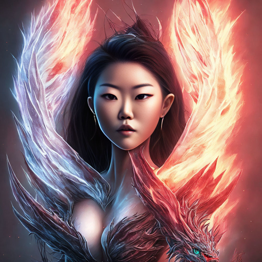 Mystical digital artwork: woman with fiery phoenix wings