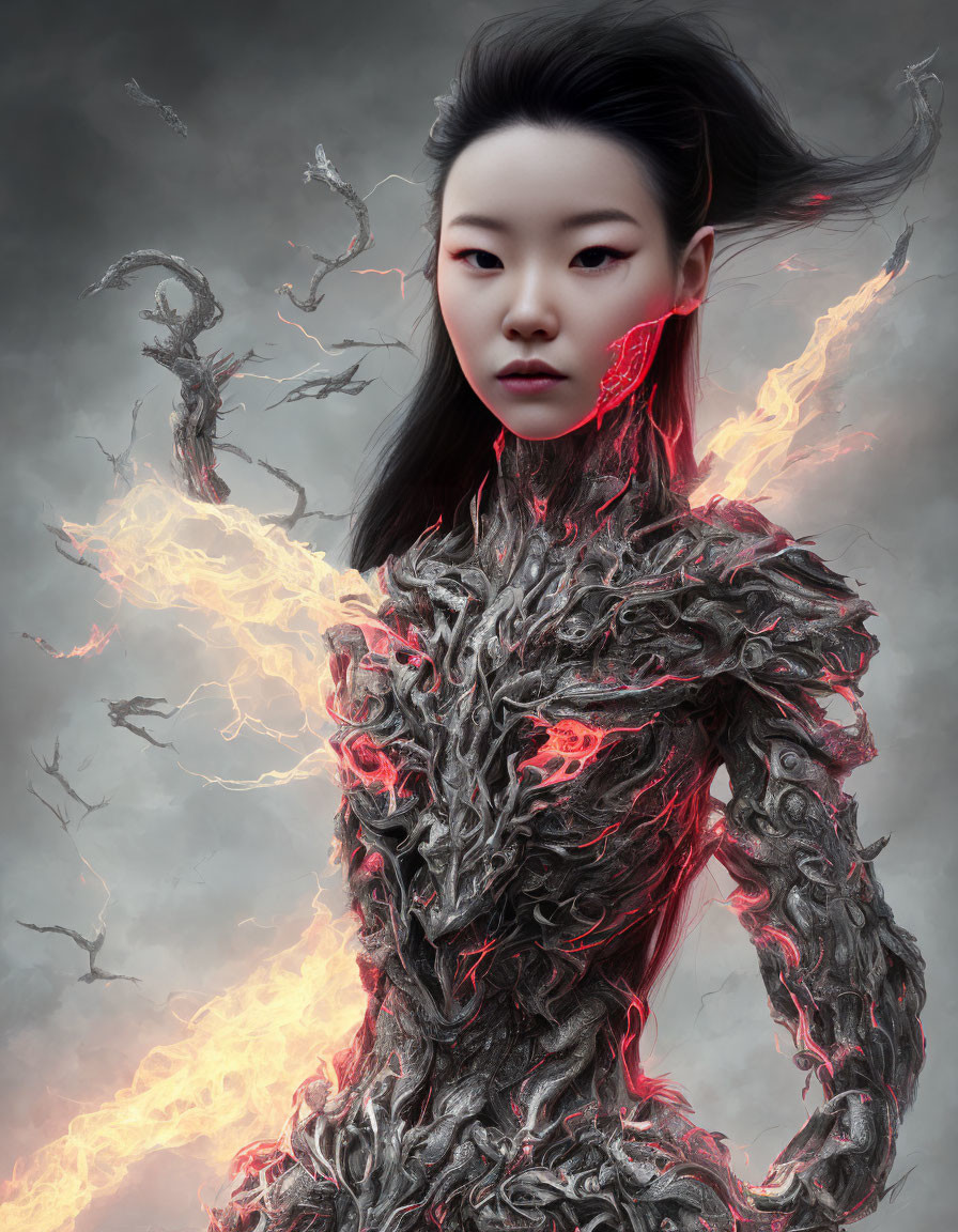 Digital artwork: Woman in ethereal armor, engulfed in flames, with glowing red eye.