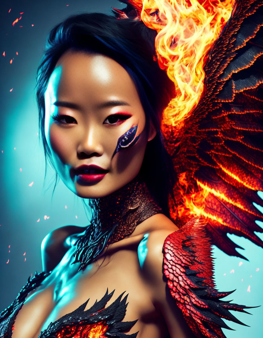 Vibrant Figure with Fiery Wings and Dramatic Background