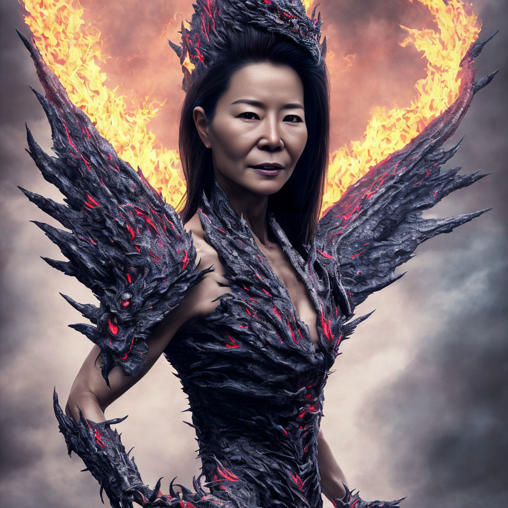 Elaborate fantasy costume with fiery wings and textured armor pose confidently.