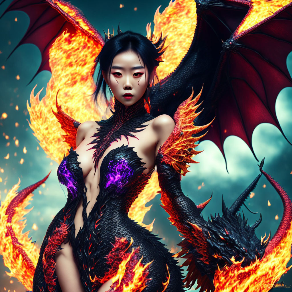 Digital Artwork: Woman with Dragon-like Features and Fiery Effects