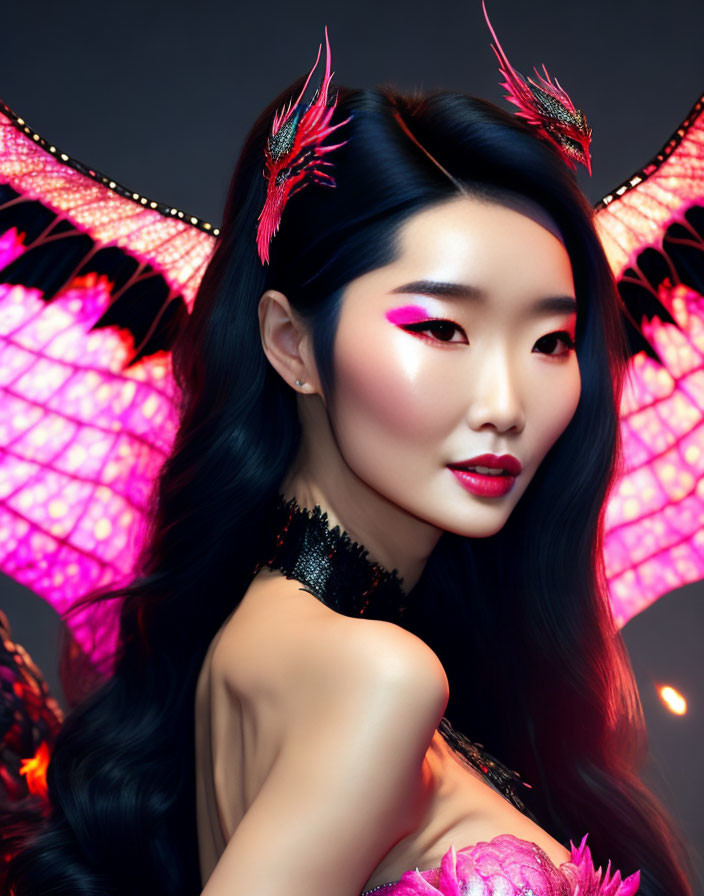 Digital artwork: Asian woman with pink winged eyeliner, devil horns, feathered shoulders, and