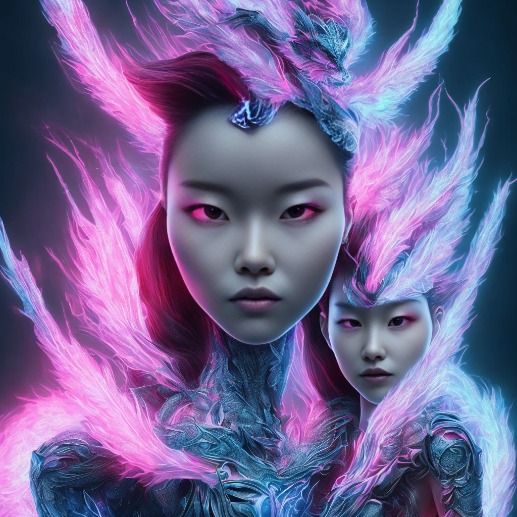 Stylized portrait of two people with glowing feathers and scales