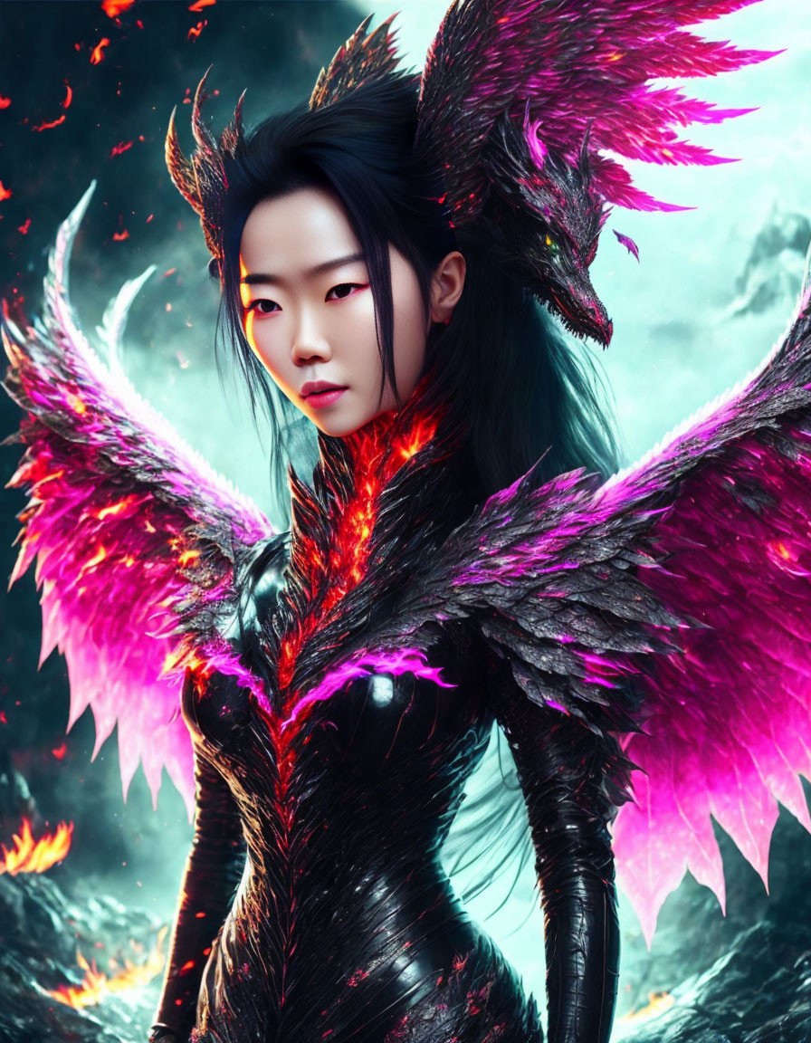 Dark fantasy character with fiery wings and mystical armor.