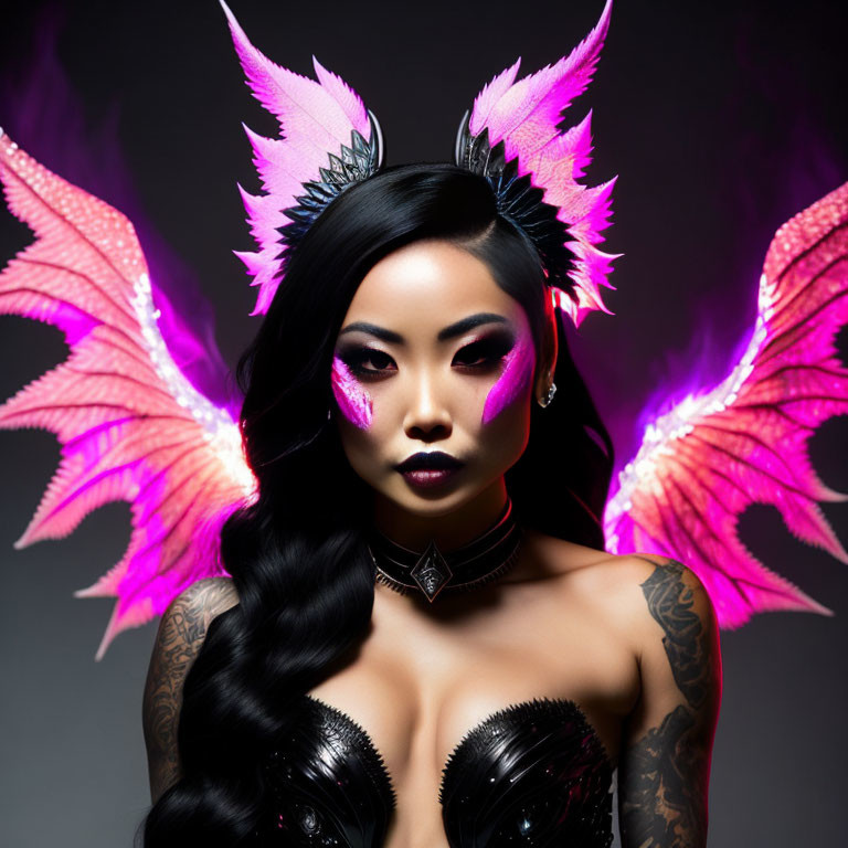 Mystical woman with pink-accented black wings and gothic attire on grey background