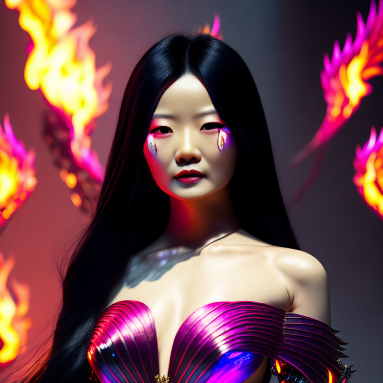 Woman with Long Black Hair and Flame Makeup in Purple Corset on Dark Fire Background