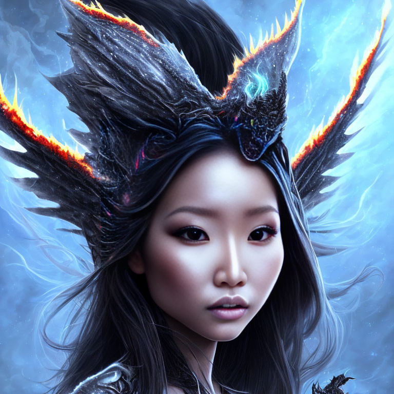 Digital Artwork: Woman with Phoenix Headpiece on Icy Blue Background