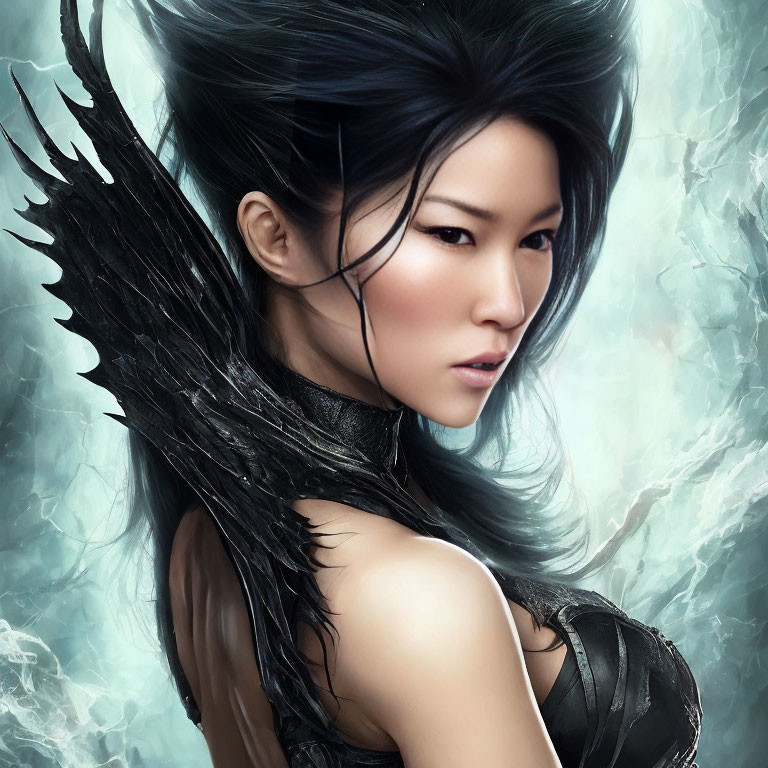 Asian woman with black feathered wings in misty setting