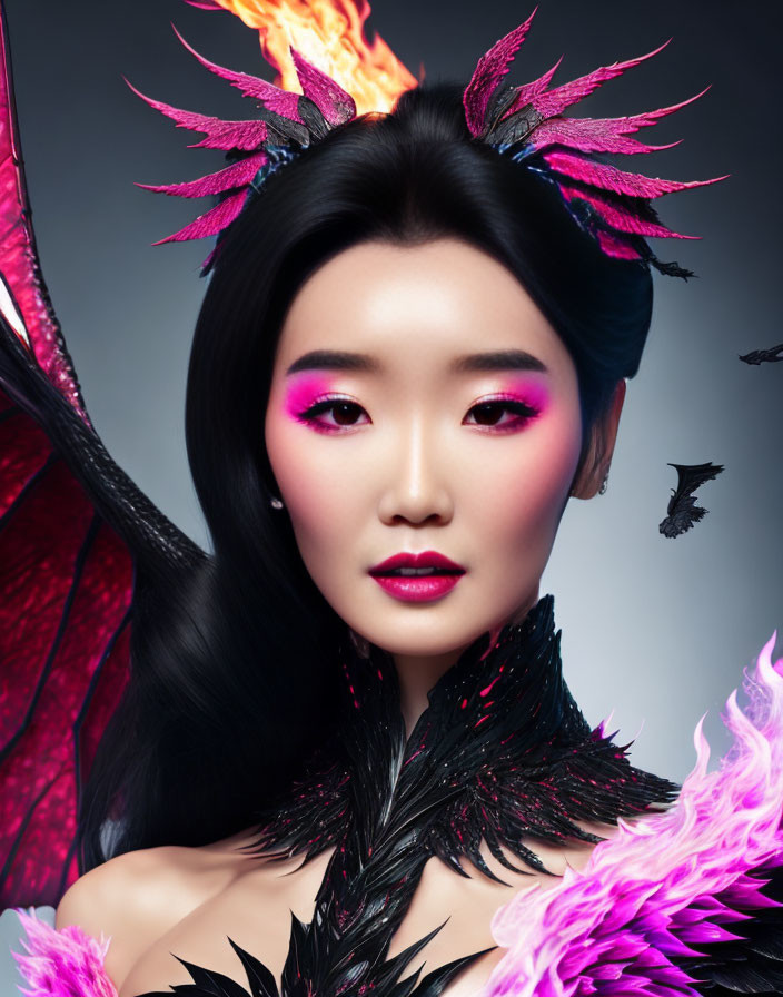 Vibrant pink makeup and black feathered attire with wing-like structures and stylized fire.